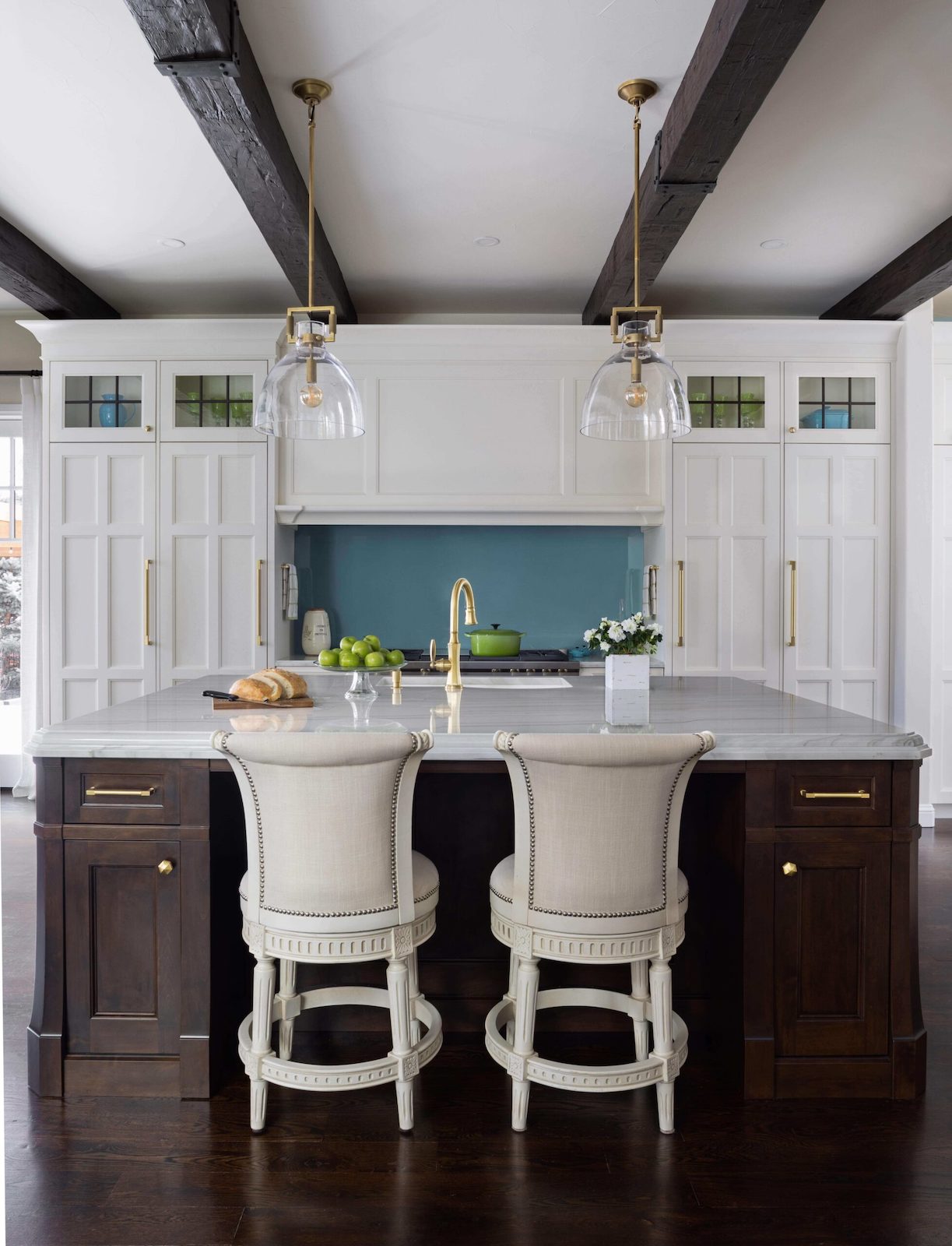 transitional kitchen with color